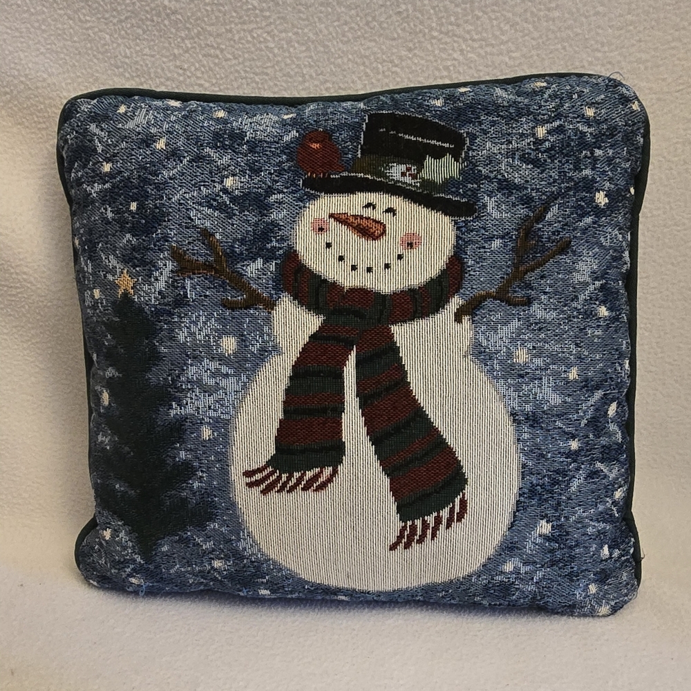 Cozy Snowman Holiday Pillow - Blue and White